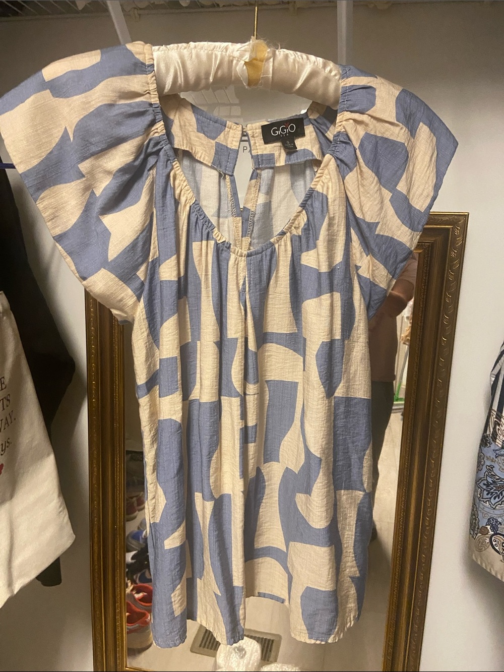 G.G.O Blue & Cream Patterned Flutter-Sleeve Tunic
